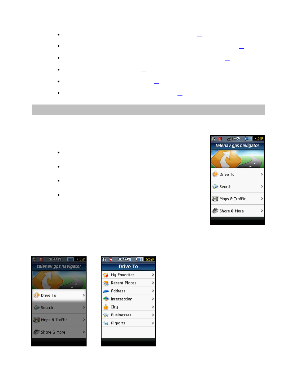Telenav gps navigator menu overview, Drive to menu | Telenav for T-Mobile Supported Devices: v5.2 for Samsung T929 User Manual | Page 12 / 69