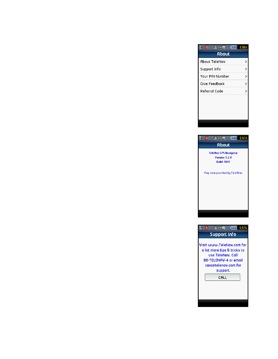 About, About telenav, Support info | Telenav for T-Mobile Supported Devices: v5.2 for Samsung T929 User Manual | Page 61 / 69