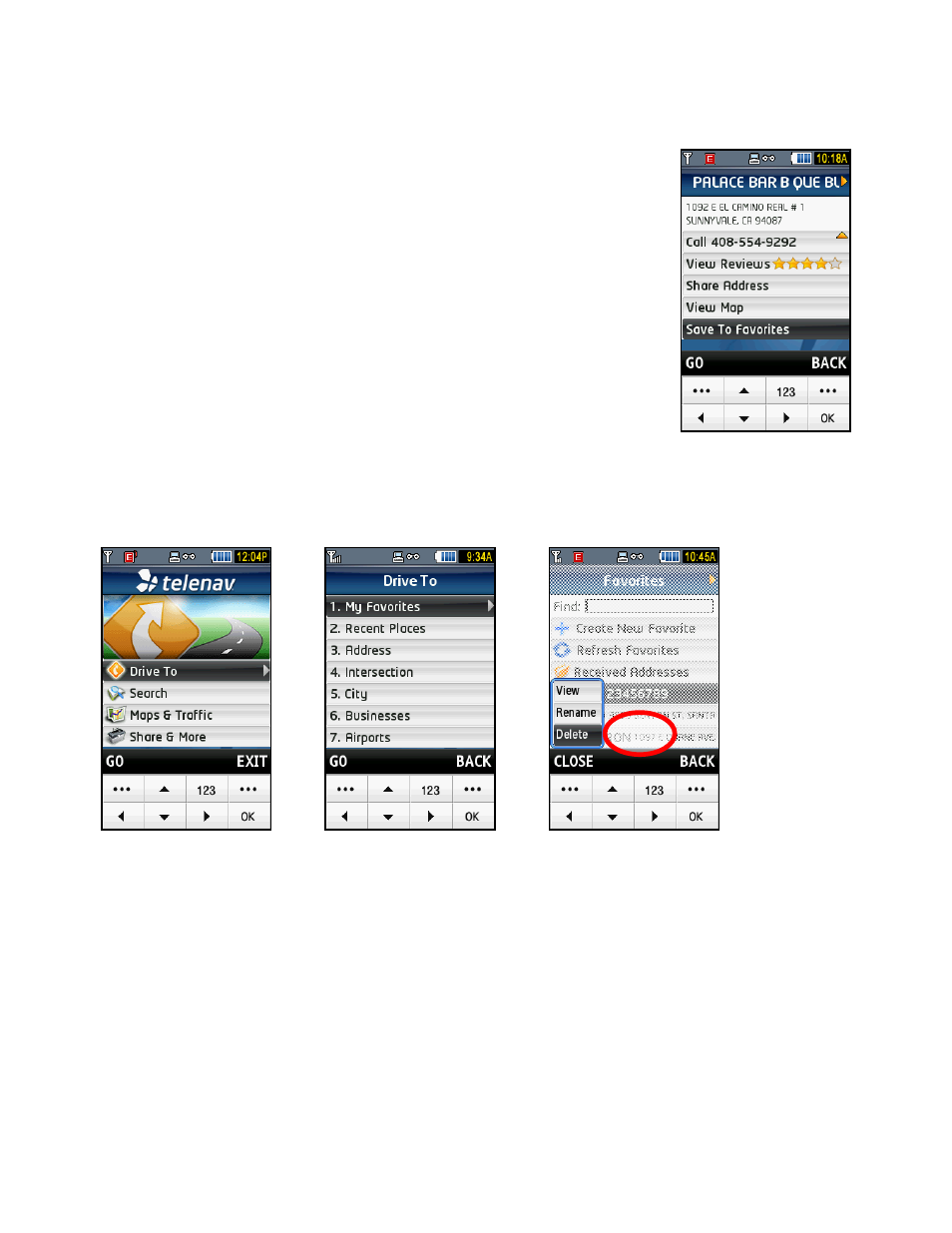 Save a location to my favorites, Delete a location from my favorites | Telenav for T-Mobile Supported Devices: v5.2 for Samsung T919 Users Guide User Manual | Page 18 / 60