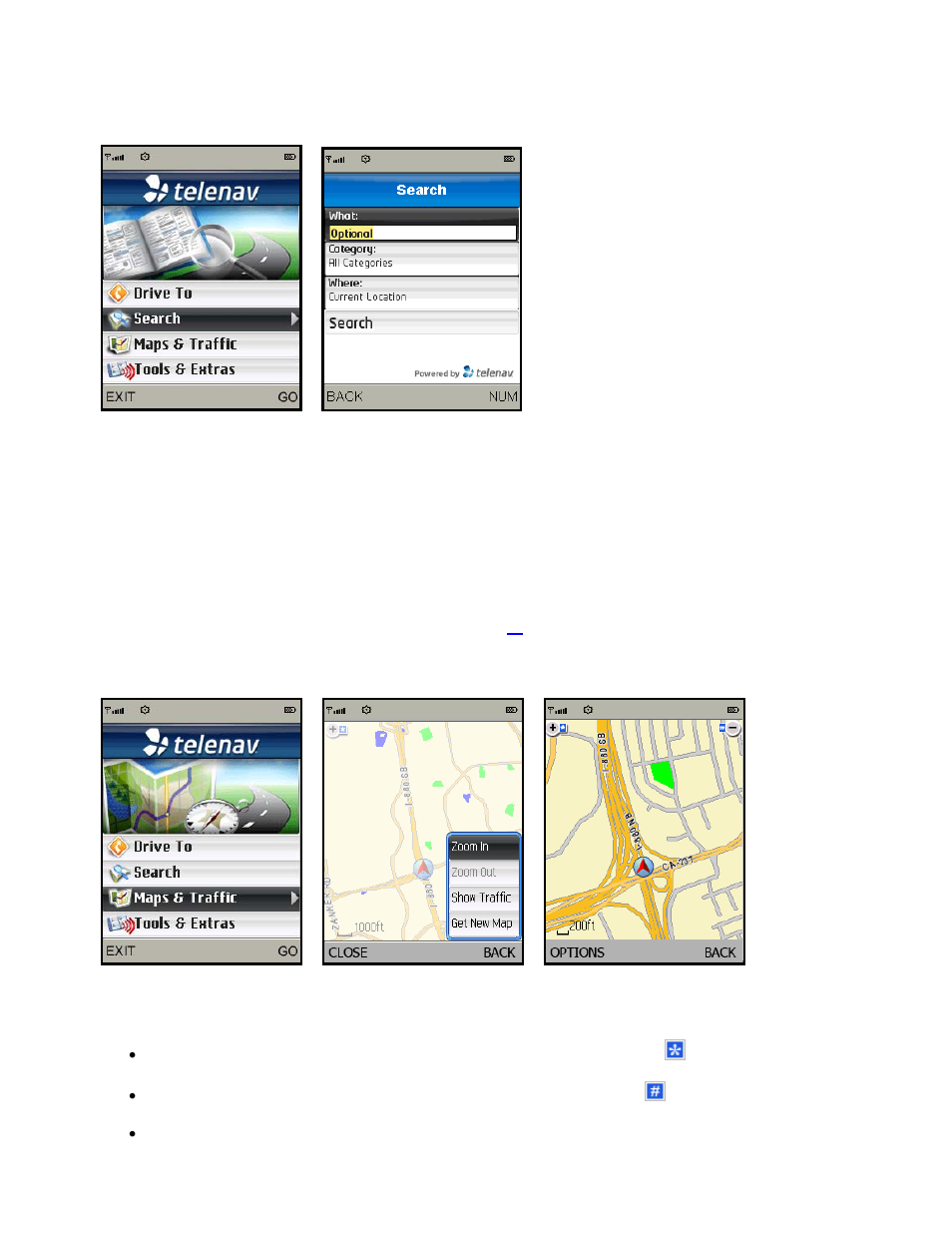 Search menu, Maps & traffic menu | Telenav for T-Mobile Supported Devices: v5.2 for J2ME; Sony-Ericsson TM506 Users Guide User Manual | Page 14 / 58