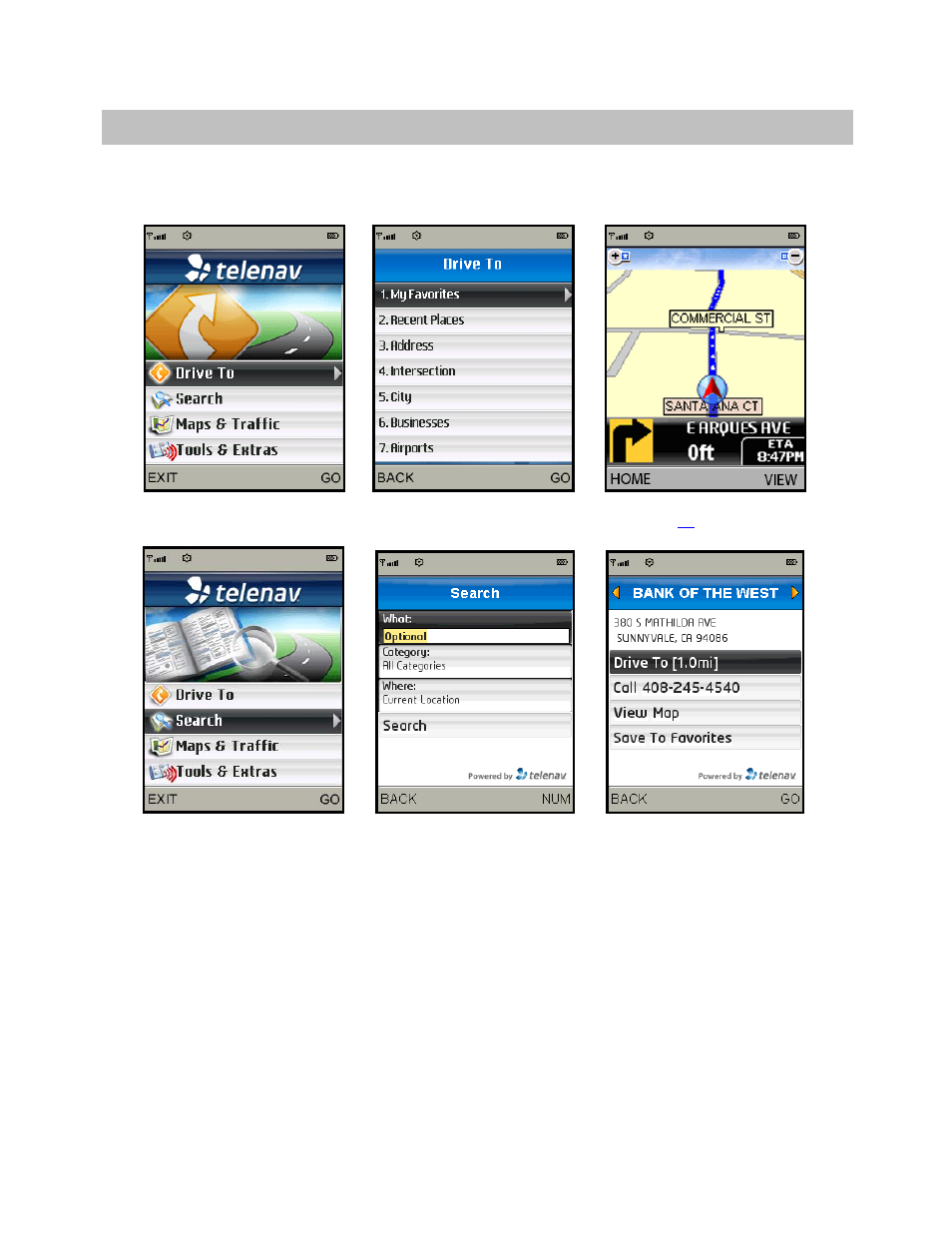Get driving directions (drive to menu) | Telenav for T-Mobile Supported Devices: v5.2 for J2ME; Sony-Ericsson TM506 Users Guide User Manual | Page 16 / 58
