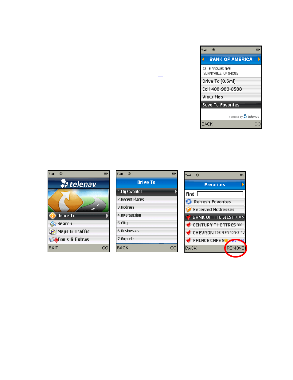 Save a location to my favorites, Delete a location from my favorites | Telenav for T-Mobile Supported Devices: v5.2 for J2ME; Sony-Ericsson TM506 Users Guide User Manual | Page 18 / 58