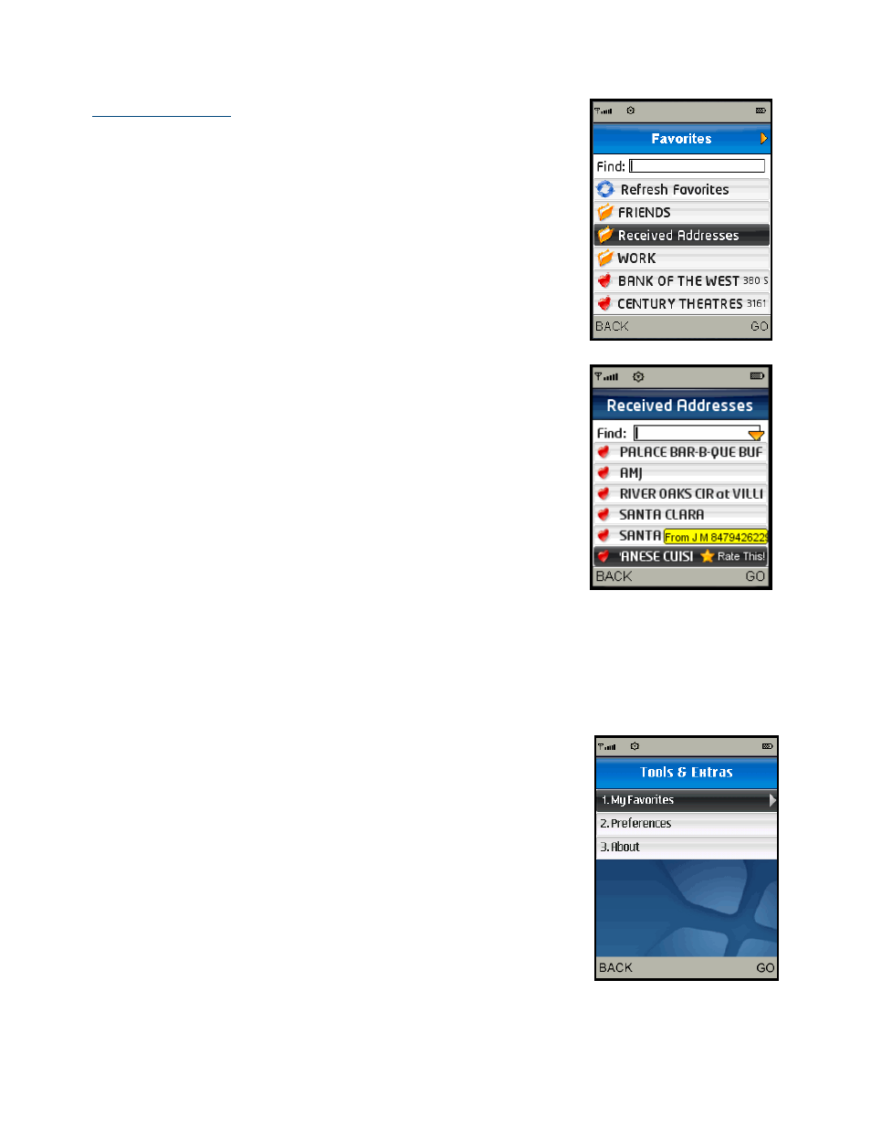Received addresses, Delete or rename a category | Telenav for T-Mobile Supported Devices: v5.2 for J2ME; Sony-Ericsson TM506 Users Guide User Manual | Page 46 / 58