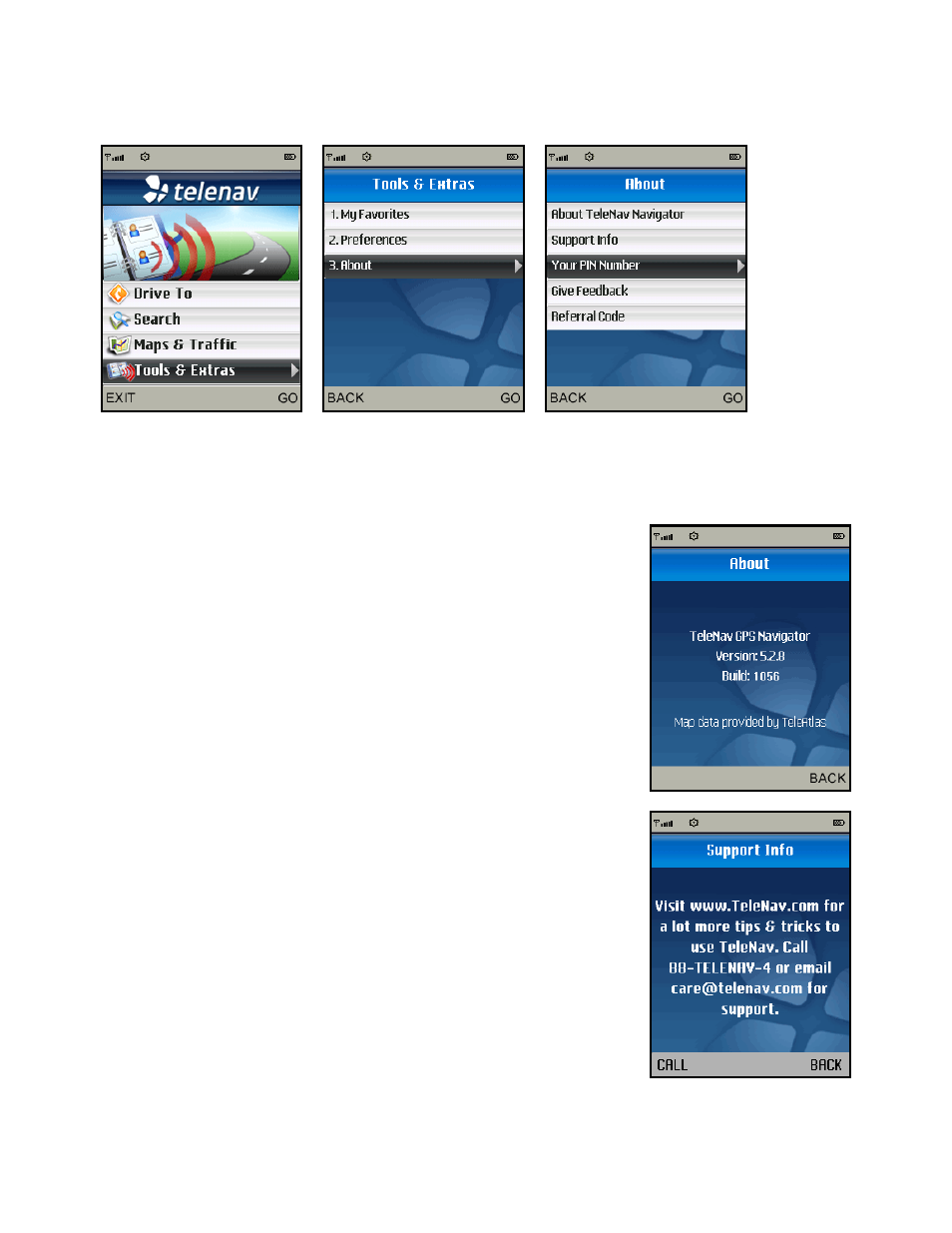 About, About telenav navigator, Support info | Telenav for T-Mobile Supported Devices: v5.2 for J2ME; Sony-Ericsson TM506 Users Guide User Manual | Page 50 / 58