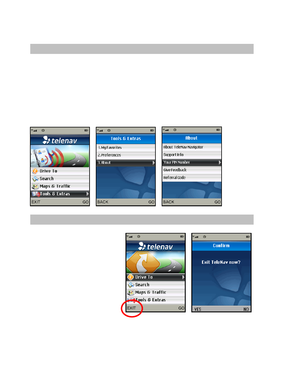 Change your pin number, Exit telenav gps navigator | Telenav for T-Mobile Supported Devices: v5.2 for J2ME; Sony-Ericsson TM506 Users Guide User Manual | Page 53 / 58