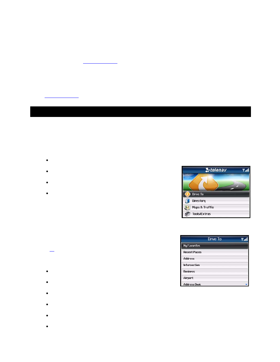 Telenav gps navigator menu overview, Main menu, Drive to menu | Telenav for T-Mobile Supported Devices: v5.1 for BlackBerry smartphones Users Guide User Manual | Page 11 / 51