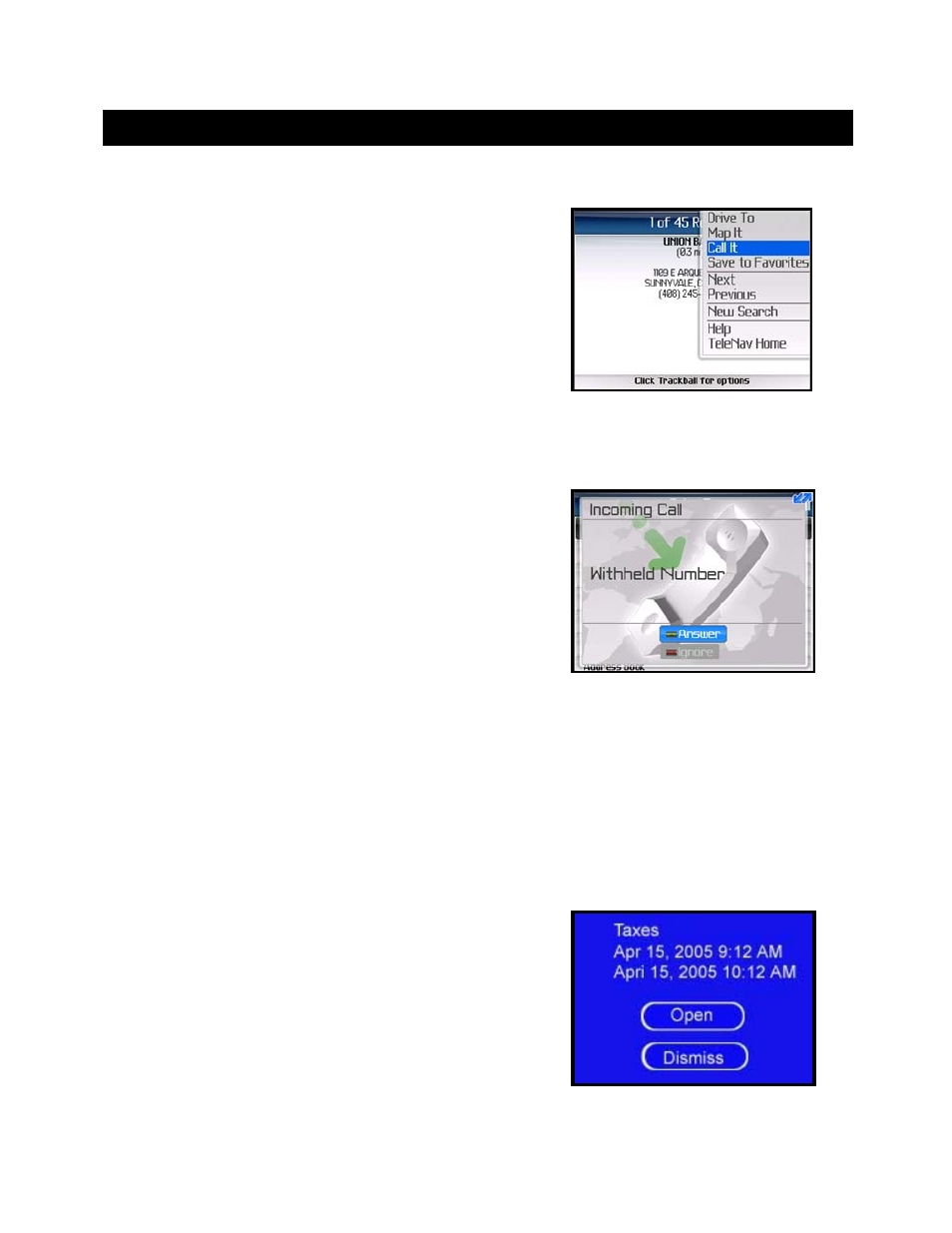 Suspending telenav gps navigator, Making a phone call from telenav gps navigator, Taking an incoming call | Calendar and e-mail events | Telenav for T-Mobile Supported Devices: v5.1 for BlackBerry smartphones Users Guide User Manual | Page 44 / 51