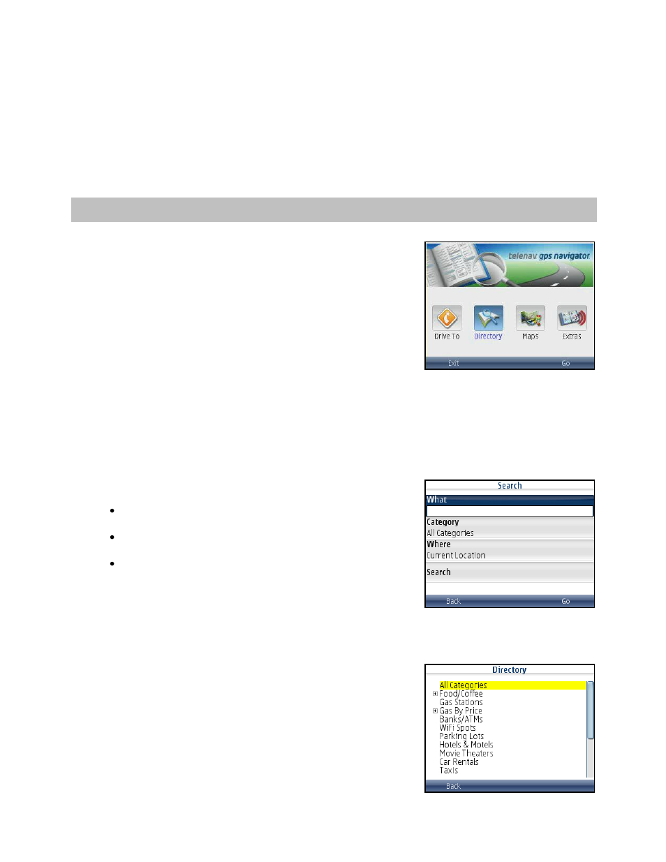 Directory menu, Search by category | Telenav for Cincinnati Bell Supported Devices: v5.5 Lite for Symbian phones User Manual | Page 34 / 59