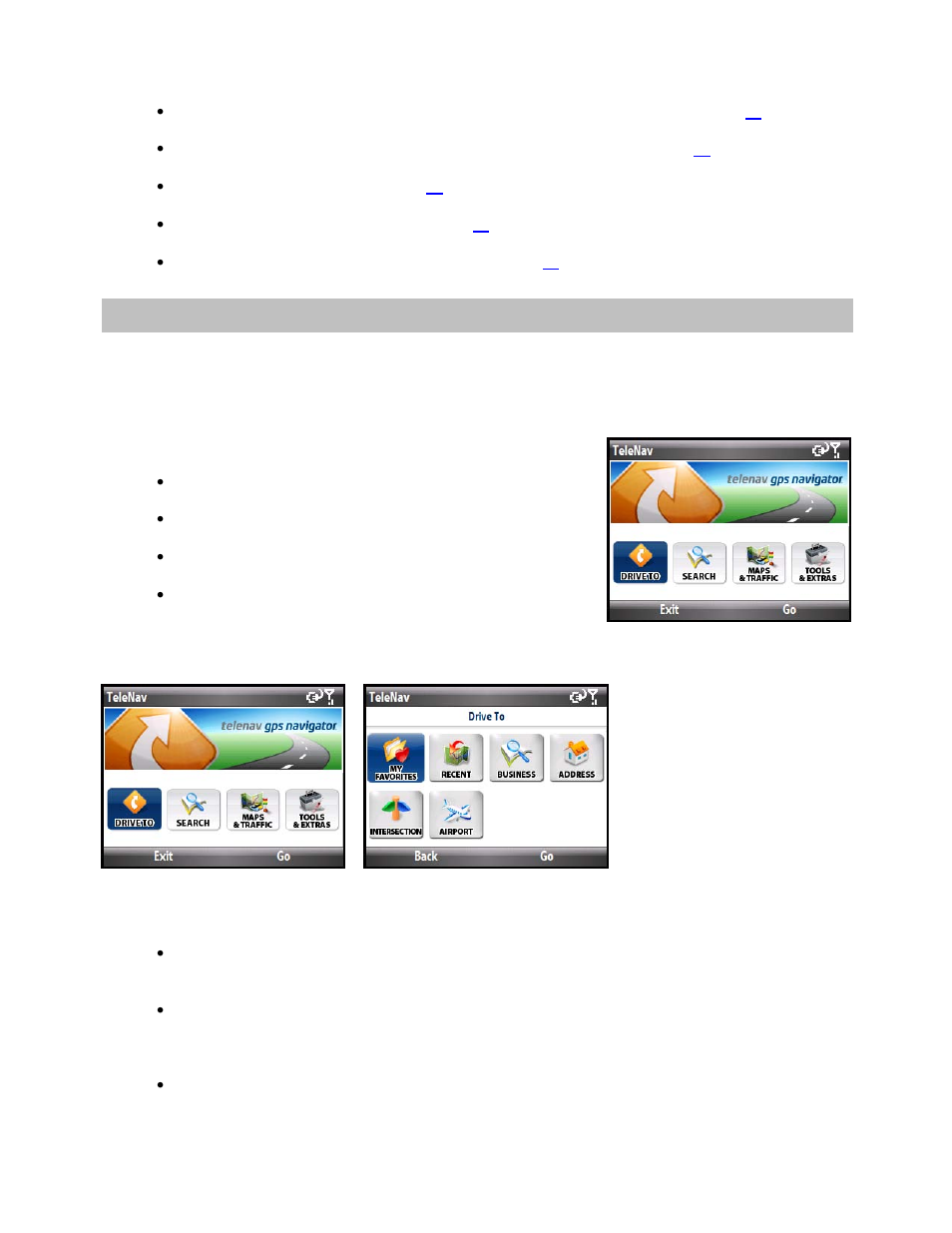 Telenav gps navigator menu overview, Main menu, Drive to menu | Telenav for Cincinnati Bell Supported Devices: v5.2 for Windows Mobile smartphones Users Guide User Manual | Page 11 / 55