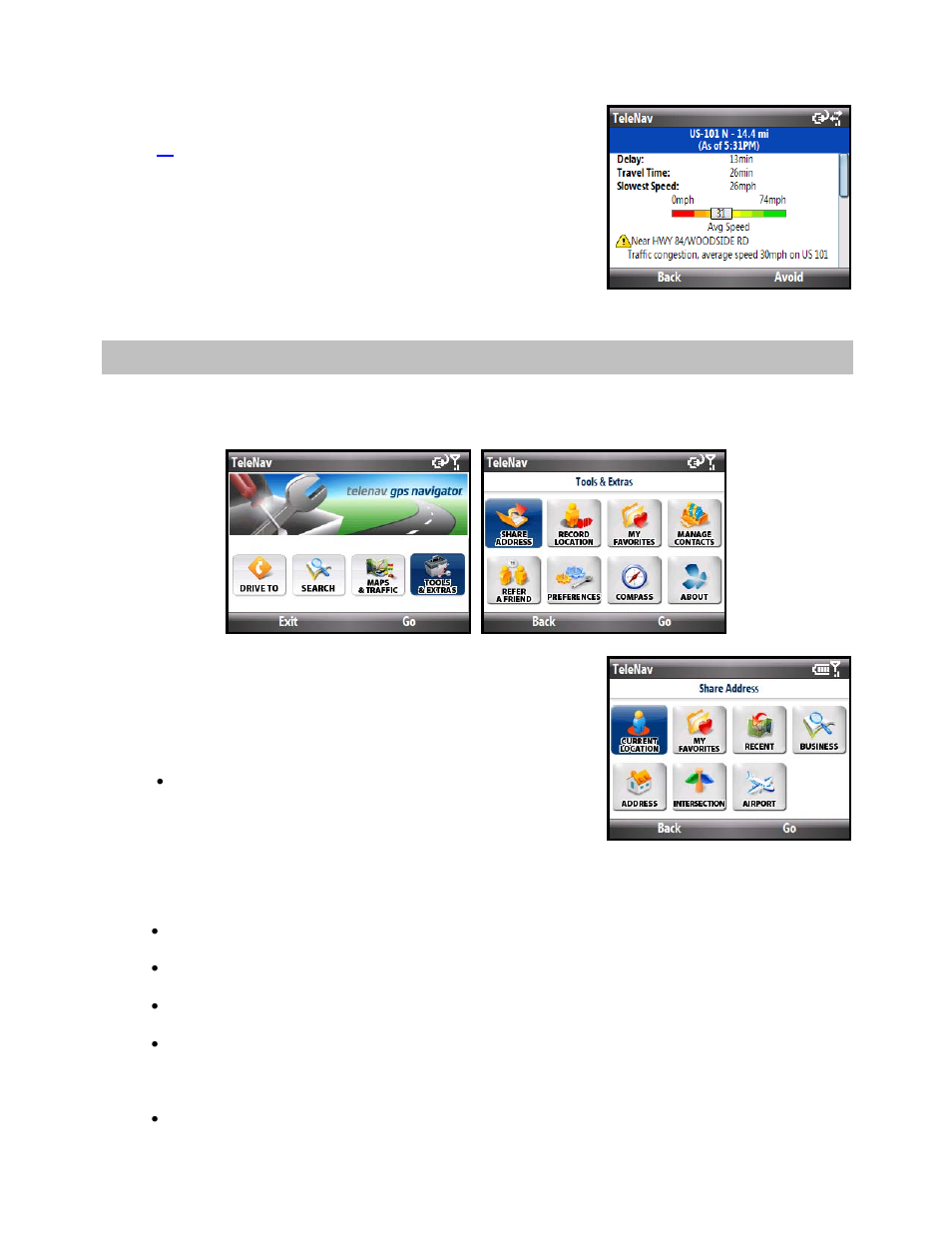 Tools/extras menu, Share address | Telenav for Cincinnati Bell Supported Devices: v5.2 for Windows Mobile smartphones Users Guide User Manual | Page 36 / 55