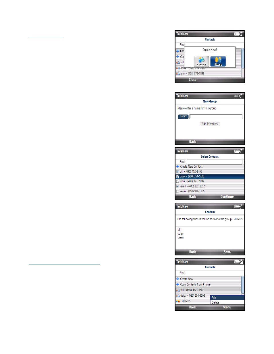 Manage groups, Add or delete groups or contacts | Telenav for Cincinnati Bell Supported Devices: v5.2 for Windows Mobile smartphones Users Guide User Manual | Page 44 / 55