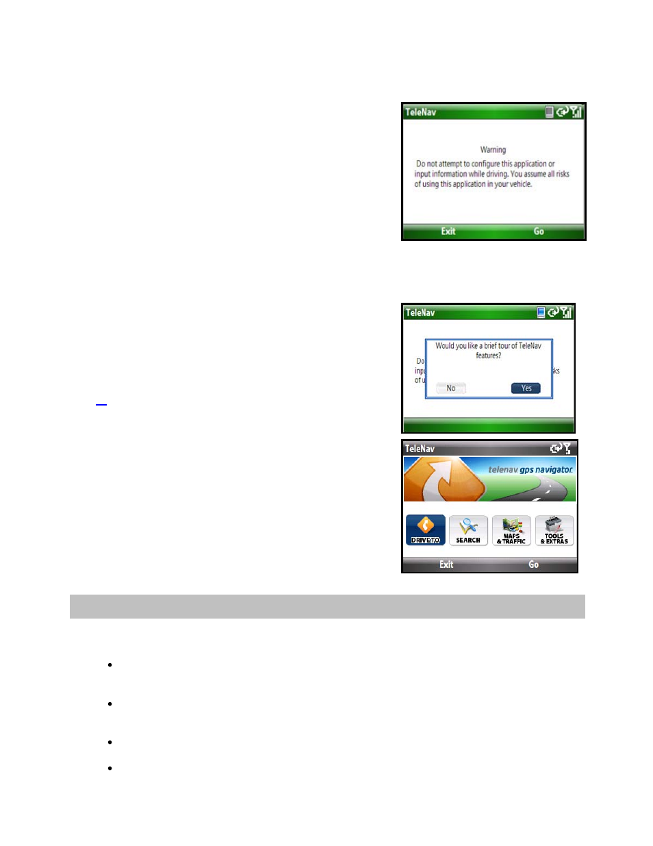 Warning screen, Product tour, Using telenav gps navigator | Telenav for Cincinnati Bell Supported Devices: v5.2 for Windows Mobile smartphones Users Guide User Manual | Page 9 / 55