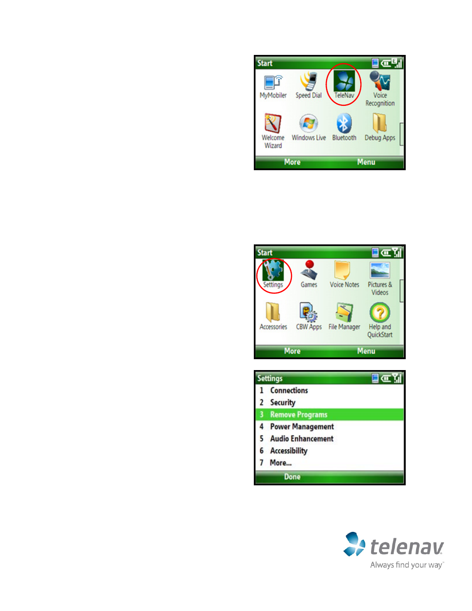 Removing telenav gps navigator | Telenav for Cincinnati Bell Supported Devices: v5.2 for Windows Mobile smartphones Quick Start Guide User Manual | Page 3 / 4
