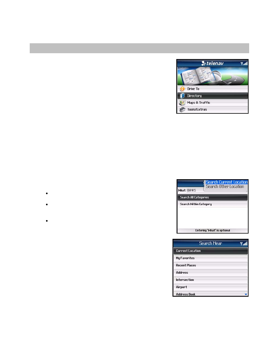 Directory menu, Search all categories | Telenav for Cincinnati Bell Supported Devices: v5.1 for BlackBerry smartphones Users Guide User Manual | Page 34 / 51