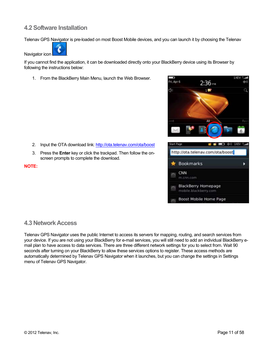 2 software installation, 3 network access | Telenav for Boost Mobile Supported Devices: v6.2 for BlackBerry User Manual | Page 11 / 58