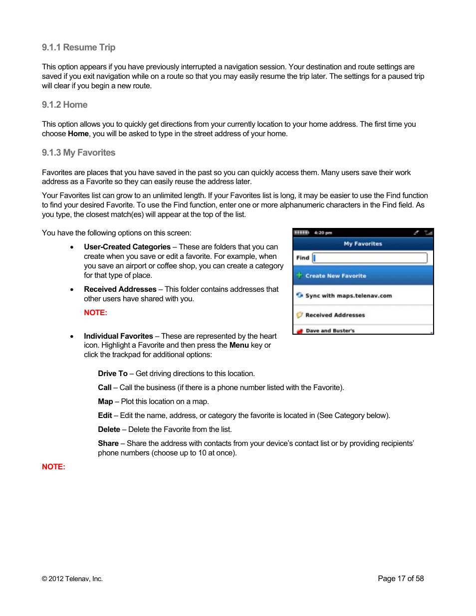 1 resume trip, 2 home, 3 my favorites | Telenav for Boost Mobile Supported Devices: v6.2 for BlackBerry User Manual | Page 17 / 58
