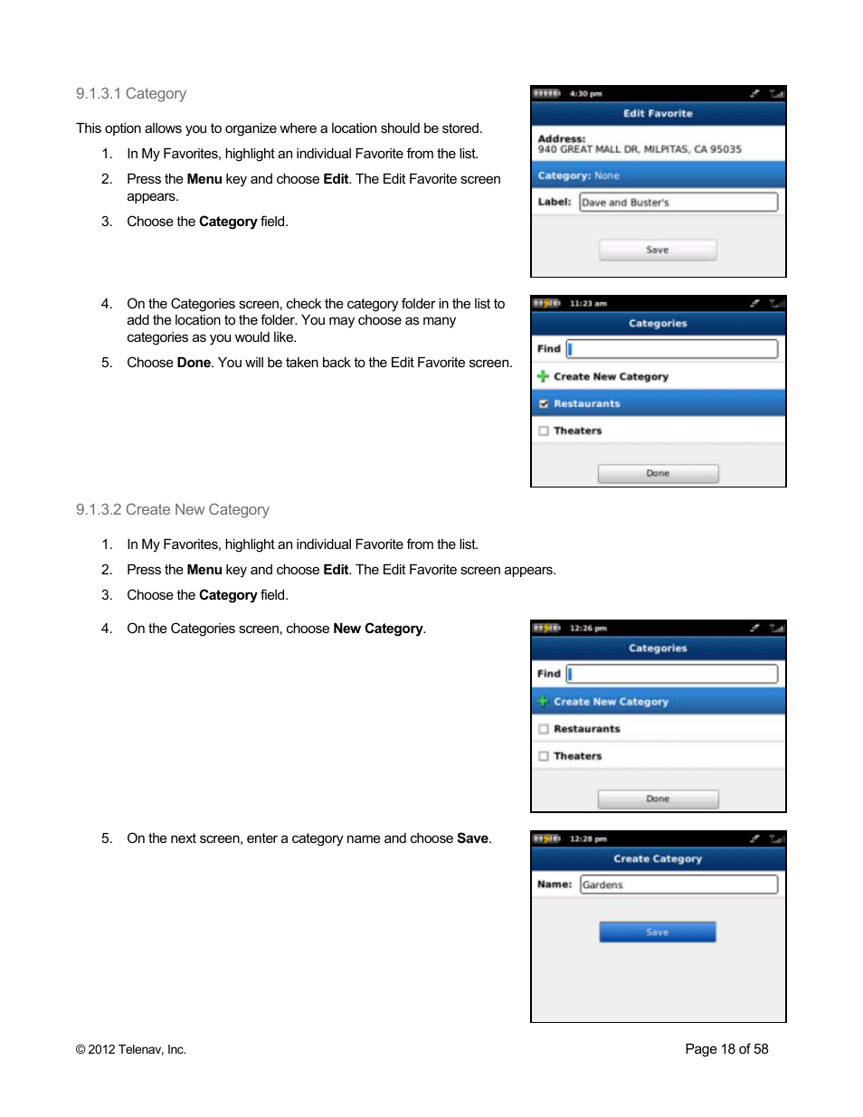 1 category, 2 create new category | Telenav for Boost Mobile Supported Devices: v6.2 for BlackBerry User Manual | Page 18 / 58