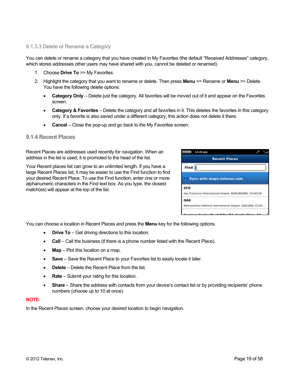 4 recent places, 3 delete or rename a category | Telenav for Boost Mobile Supported Devices: v6.2 for BlackBerry User Manual | Page 19 / 58