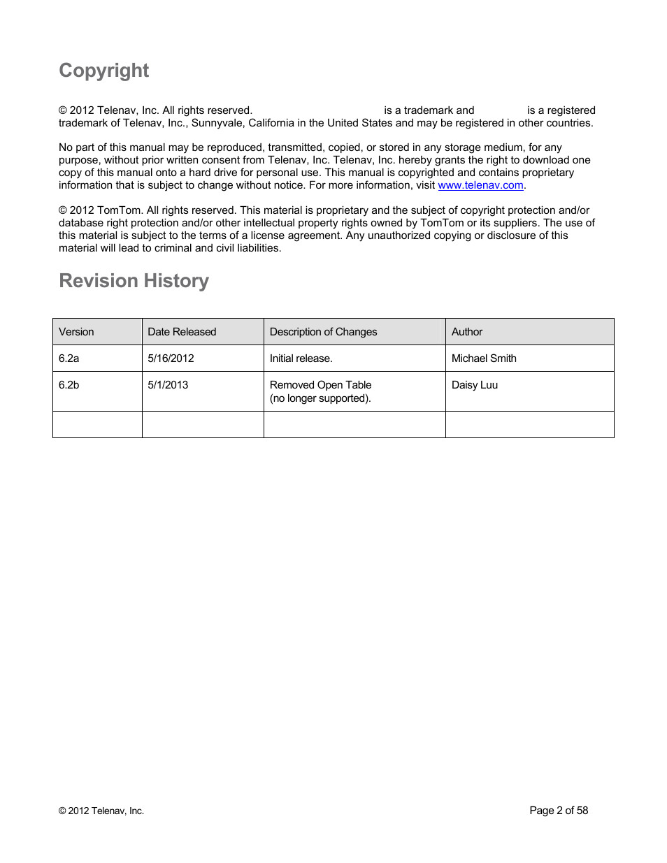 Copyright, Revision history | Telenav for Boost Mobile Supported Devices: v6.2 for BlackBerry User Manual | Page 2 / 58