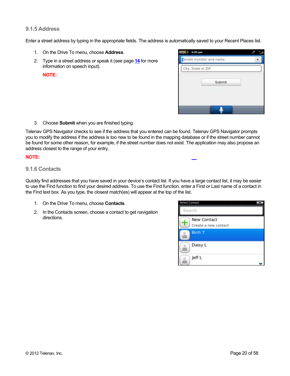 5 address, 6 contacts | Telenav for Boost Mobile Supported Devices: v6.2 for BlackBerry User Manual | Page 20 / 58