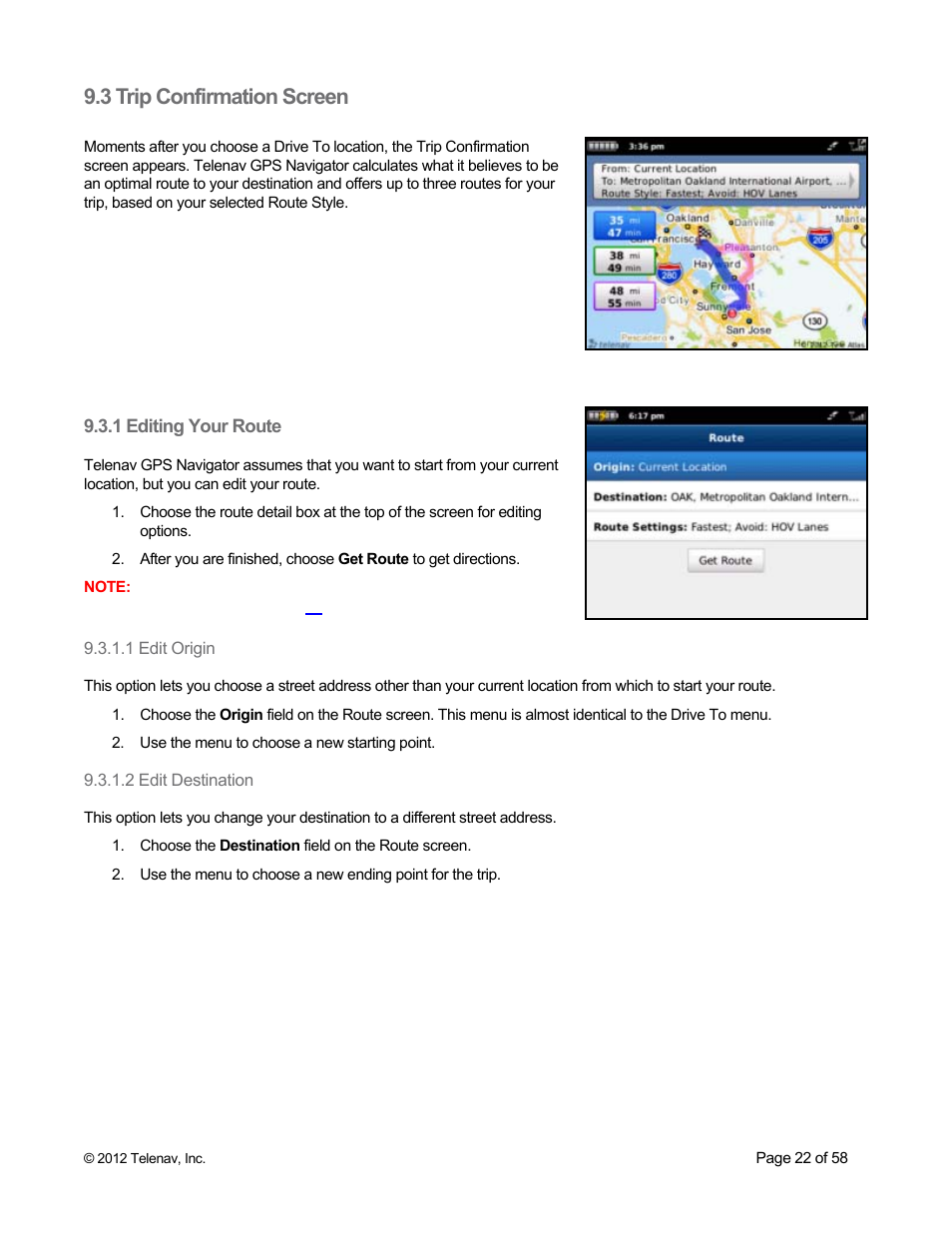 3 trip confirmation screen, 1 editing your route, 1 edit origin | 2 edit destination | Telenav for Boost Mobile Supported Devices: v6.2 for BlackBerry User Manual | Page 22 / 58