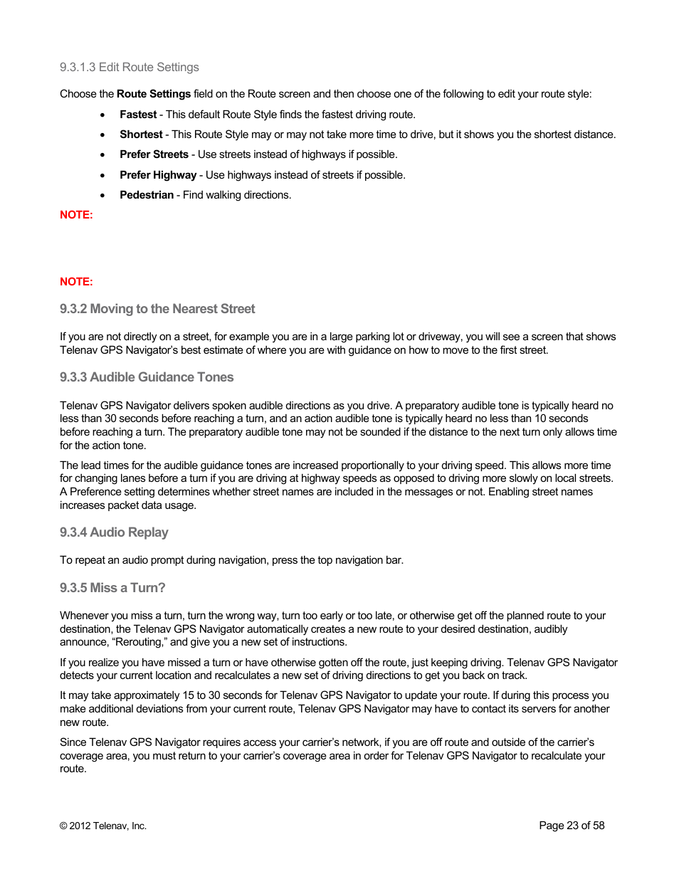 2 moving to the nearest street, 3 audible guidance tones, 4 audio replay | 5 miss a turn, 3 edit route settings | Telenav for Boost Mobile Supported Devices: v6.2 for BlackBerry User Manual | Page 23 / 58