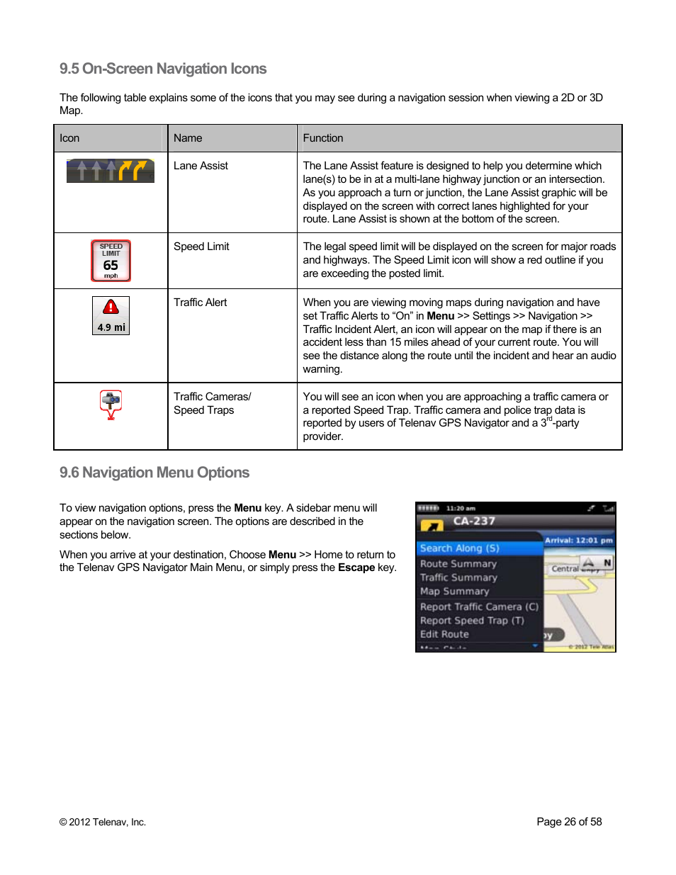 5 on-screen navigation icons, 6 navigation menu options | Telenav for Boost Mobile Supported Devices: v6.2 for BlackBerry User Manual | Page 26 / 58