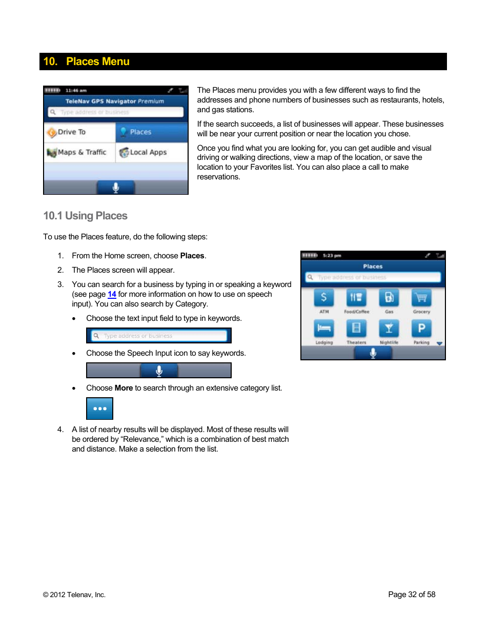 Places menu, 1 using places | Telenav for Boost Mobile Supported Devices: v6.2 for BlackBerry User Manual | Page 32 / 58