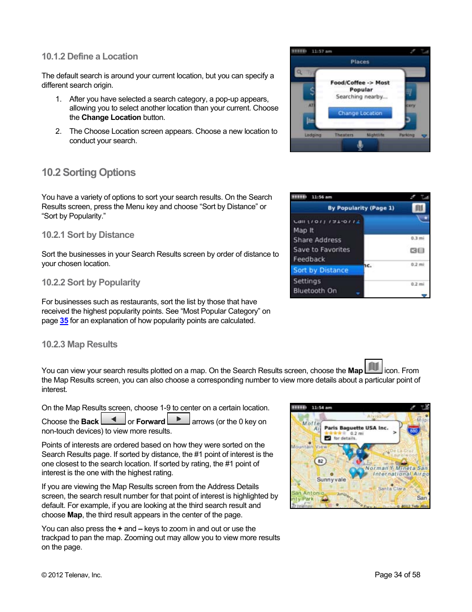 2 define a location, 2 sorting options, 1 sort by distance | 2 sort by popularity, 3 map results | Telenav for Boost Mobile Supported Devices: v6.2 for BlackBerry User Manual | Page 34 / 58