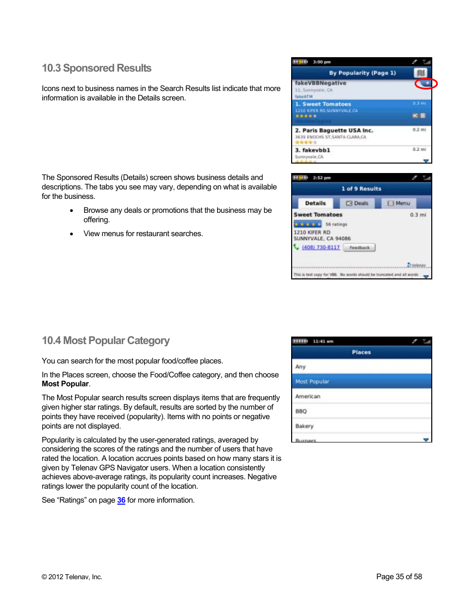 3 sponsored results, 4 most popular category | Telenav for Boost Mobile Supported Devices: v6.2 for BlackBerry User Manual | Page 35 / 58