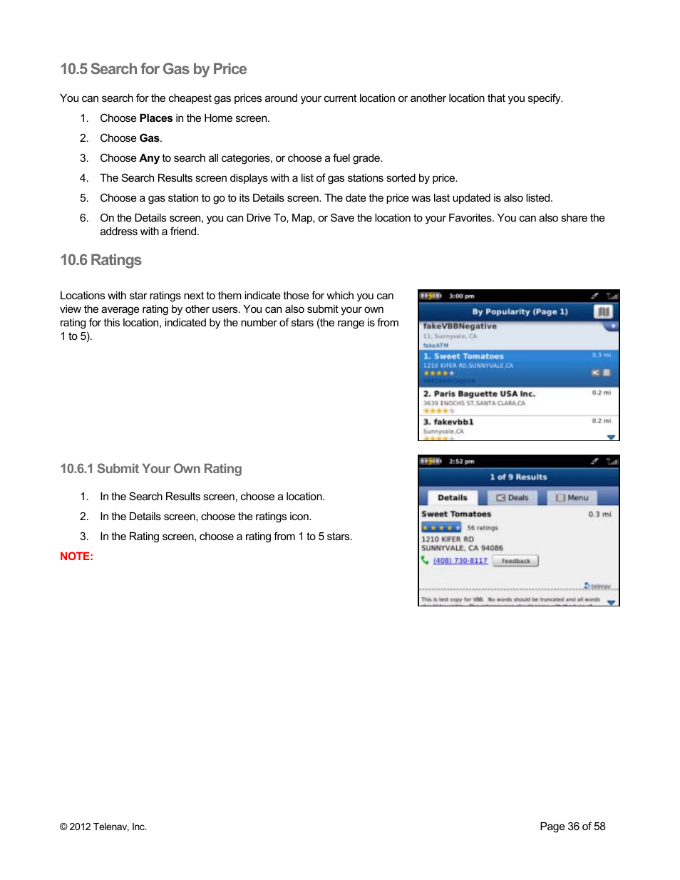 5 search for gas by price, 6 ratings, 1 submit your own rating | Telenav for Boost Mobile Supported Devices: v6.2 for BlackBerry User Manual | Page 36 / 58