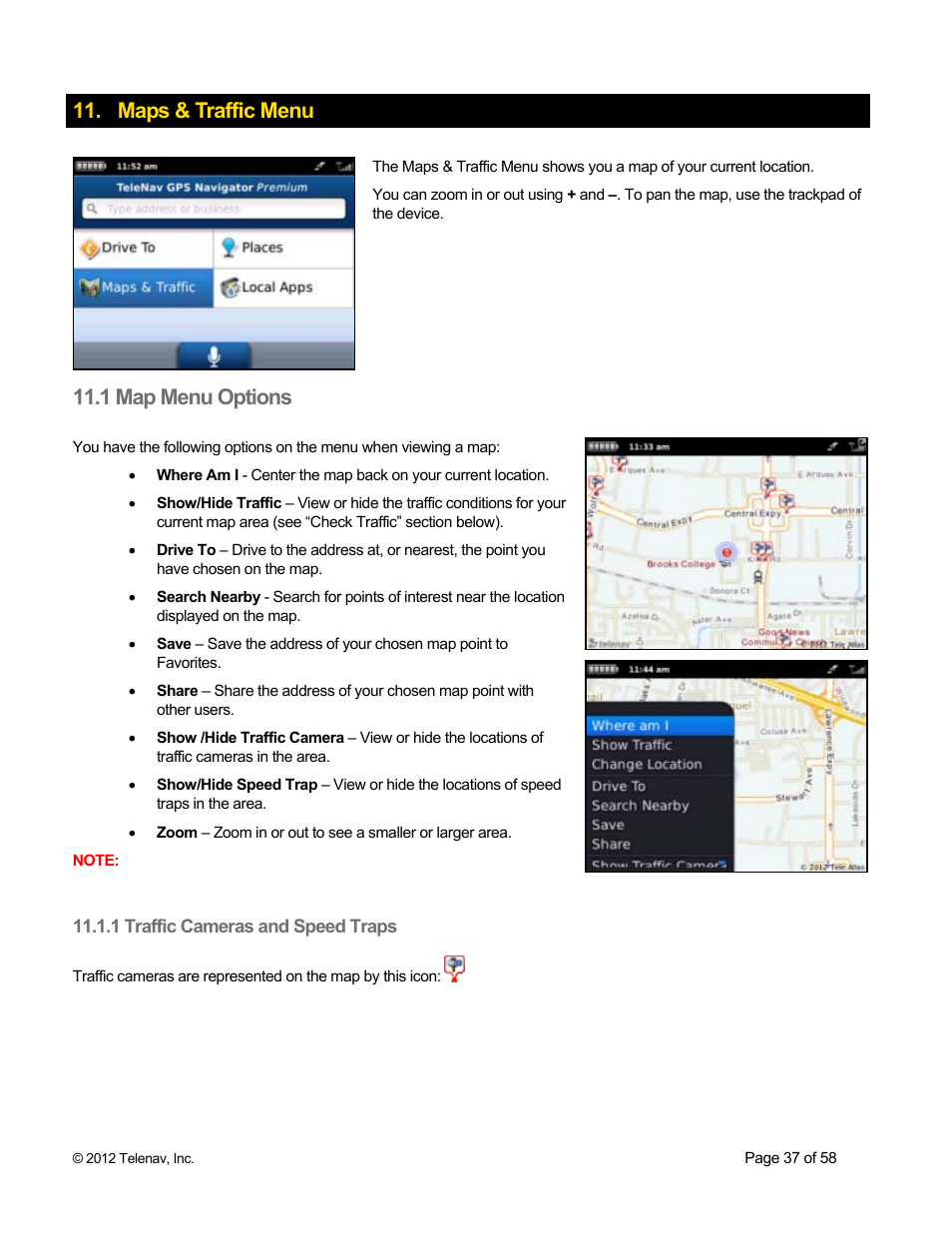 Maps & traffic menu, 1 map menu options, 1 traffic cameras and speed traps | Telenav for Boost Mobile Supported Devices: v6.2 for BlackBerry User Manual | Page 37 / 58
