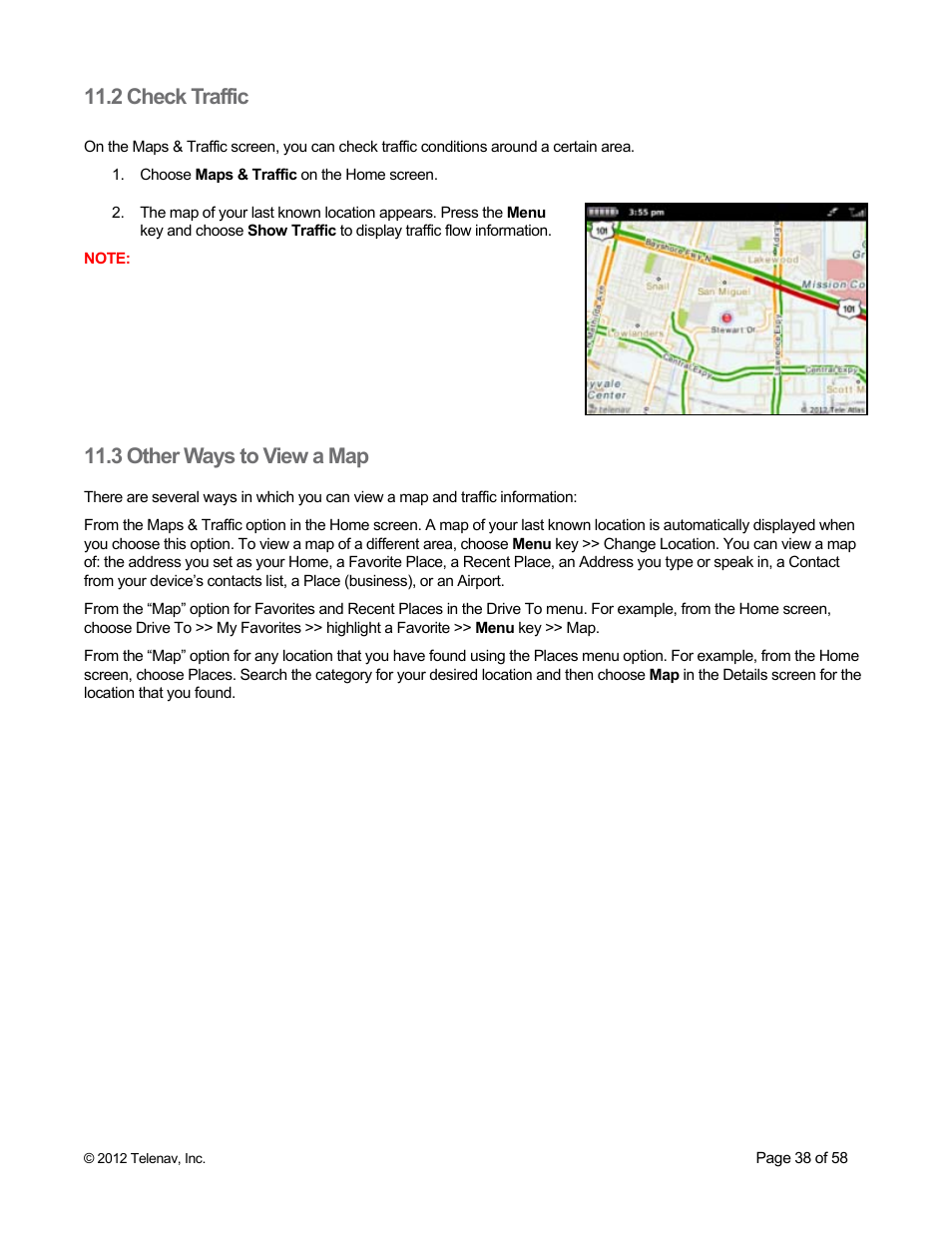 2 check traffic, 3 other ways to view a map | Telenav for Boost Mobile Supported Devices: v6.2 for BlackBerry User Manual | Page 38 / 58