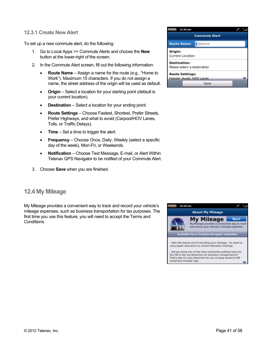 1 create new alert, 4 my mileage | Telenav for Boost Mobile Supported Devices: v6.2 for BlackBerry User Manual | Page 41 / 58