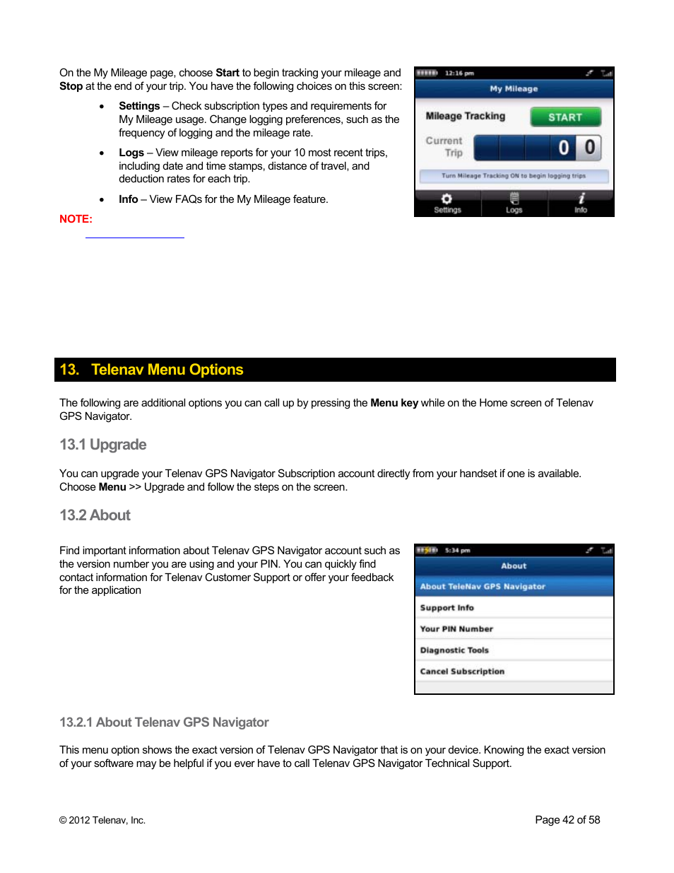 Telenav menu options, 1 upgrade, 2 about | 1 about telenav gps navigator | Telenav for Boost Mobile Supported Devices: v6.2 for BlackBerry User Manual | Page 42 / 58
