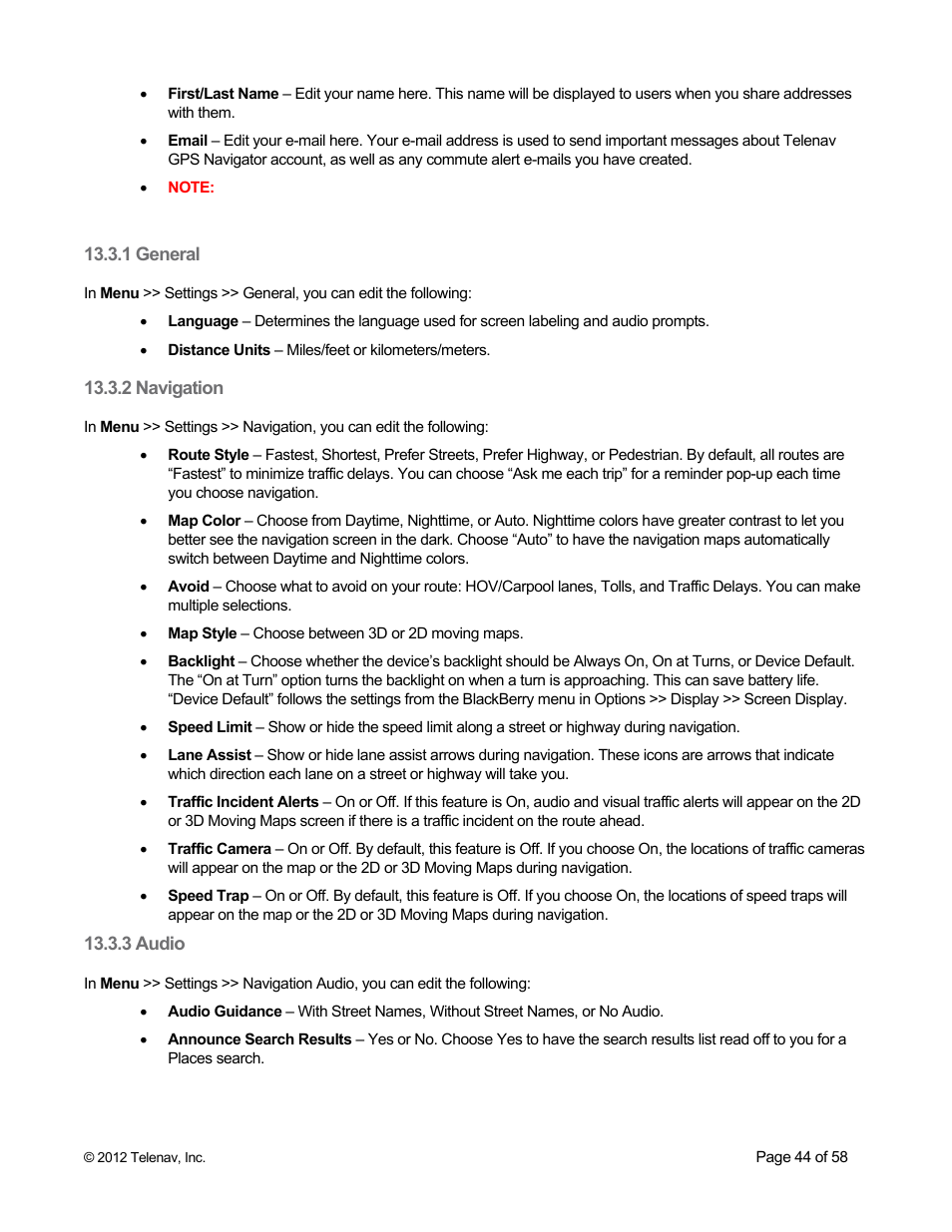 1 general, 2 navigation, 3 audio | Telenav for Boost Mobile Supported Devices: v6.2 for BlackBerry User Manual | Page 44 / 58