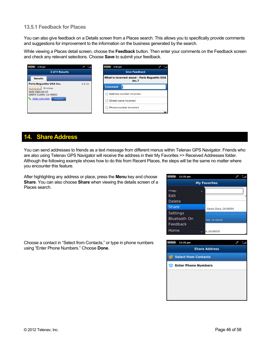 1 feedback for places, Share address | Telenav for Boost Mobile Supported Devices: v6.2 for BlackBerry User Manual | Page 46 / 58
