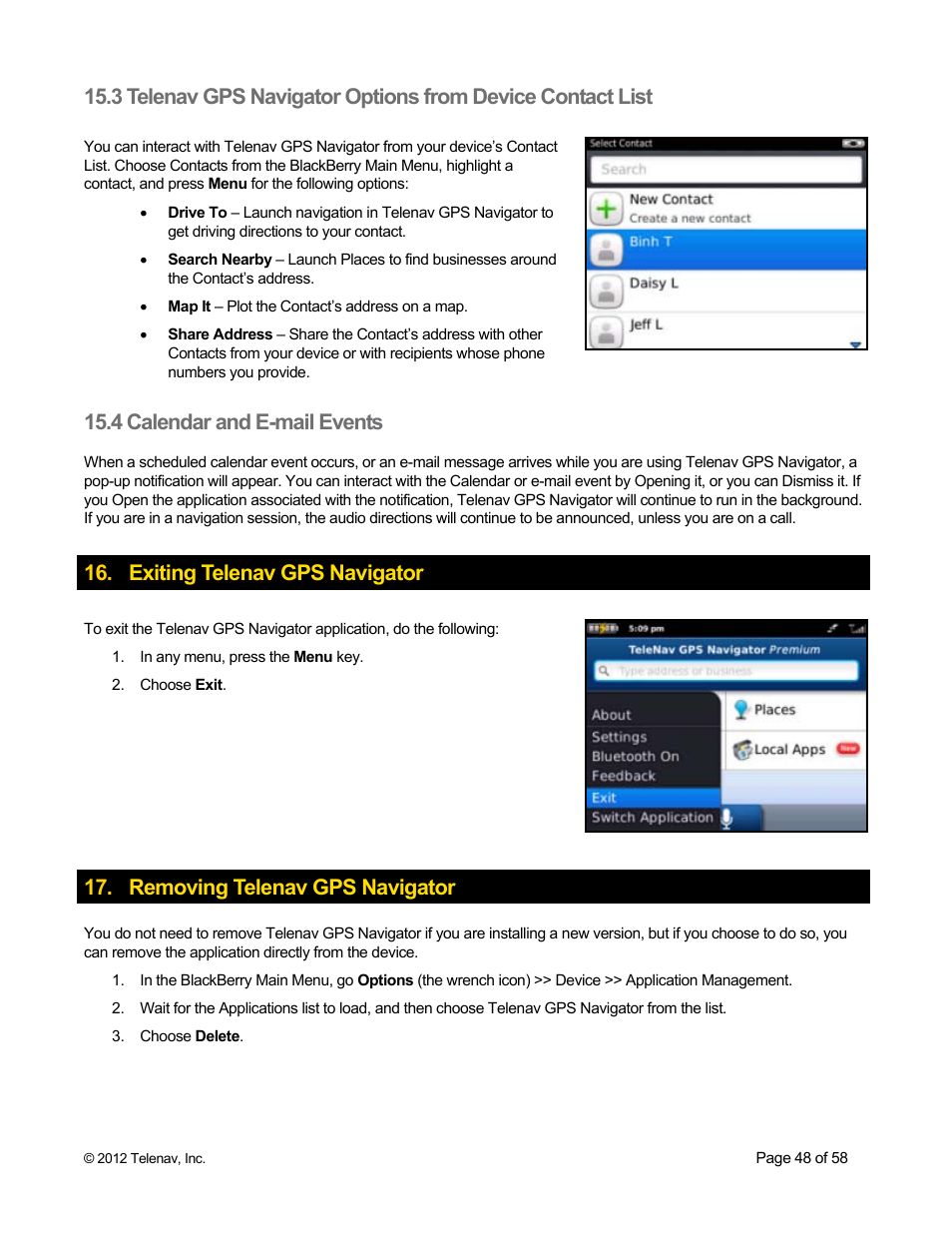 4 calendar and e-mail events, Exiting telenav gps navigator, Removing telenav gps navigator | Telenav for Boost Mobile Supported Devices: v6.2 for BlackBerry User Manual | Page 48 / 58