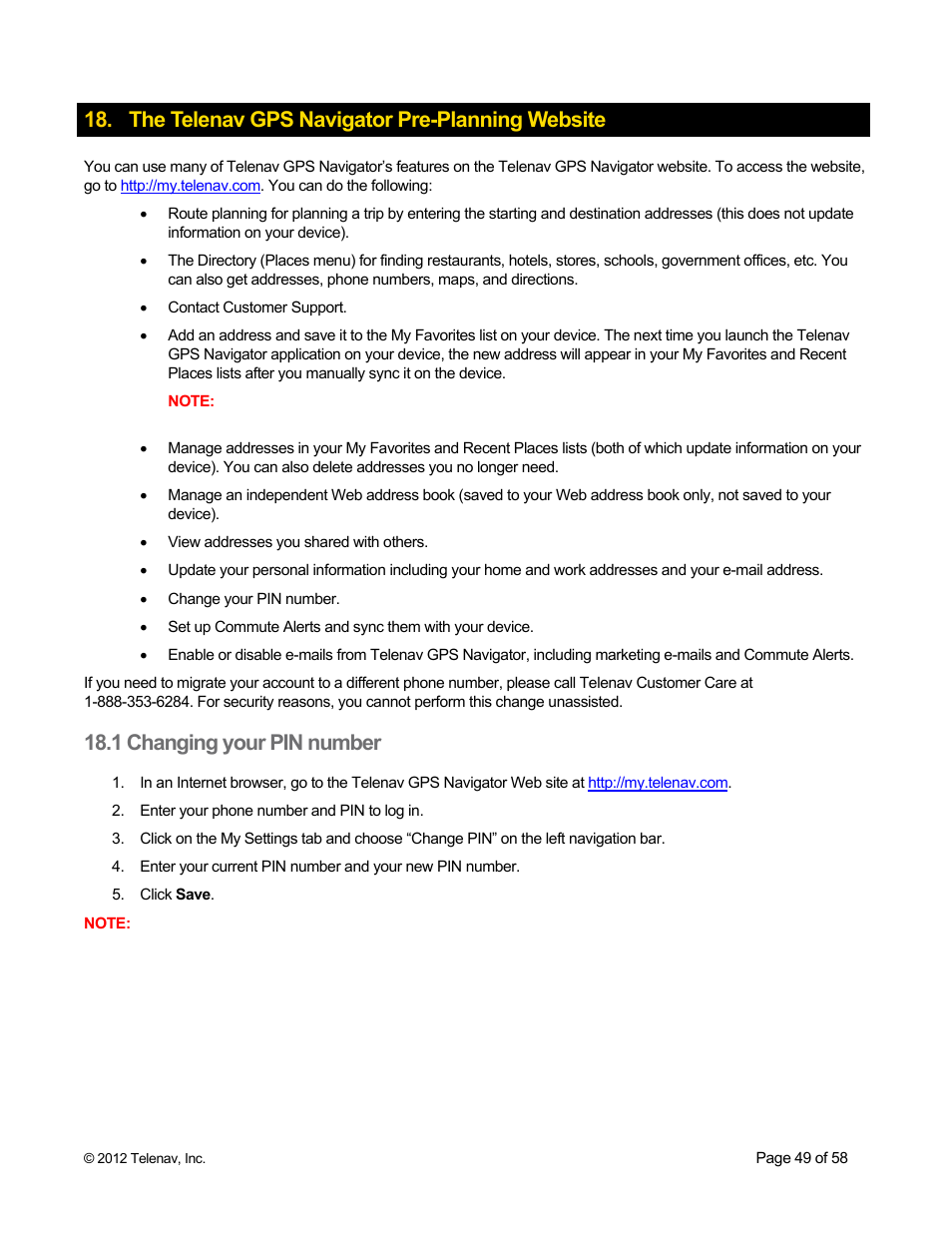 The telenav gps navigator pre-planning website, 1 changing your pin number | Telenav for Boost Mobile Supported Devices: v6.2 for BlackBerry User Manual | Page 49 / 58