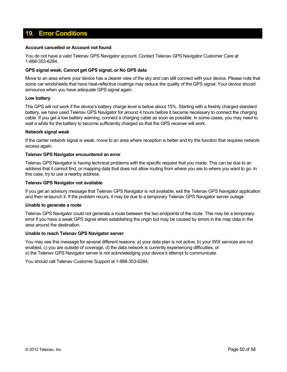 Error conditions | Telenav for Boost Mobile Supported Devices: v6.2 for BlackBerry User Manual | Page 50 / 58