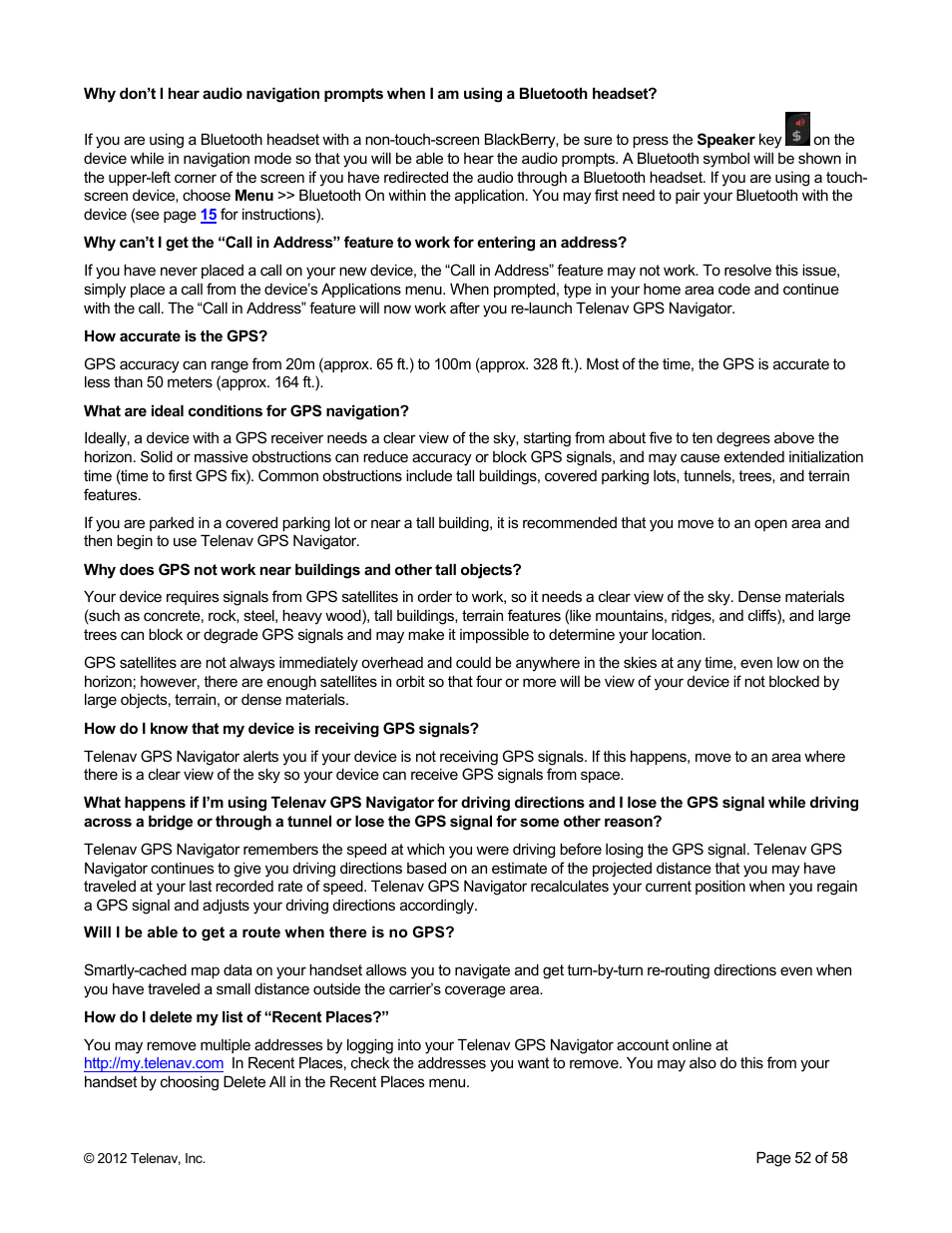 Telenav for Boost Mobile Supported Devices: v6.2 for BlackBerry User Manual | Page 52 / 58