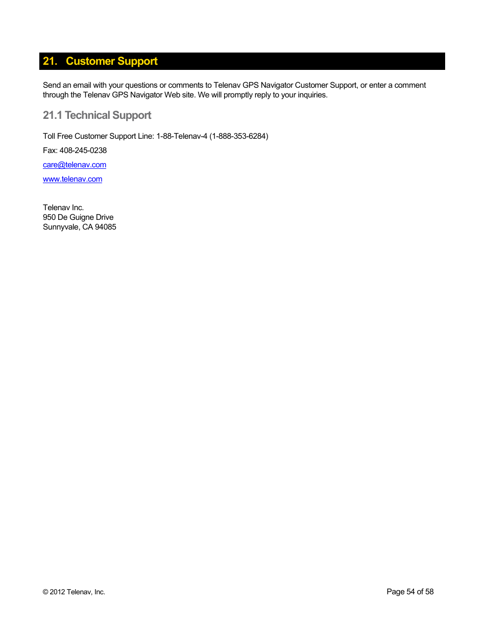 Customer support, 1 technical support | Telenav for Boost Mobile Supported Devices: v6.2 for BlackBerry User Manual | Page 54 / 58