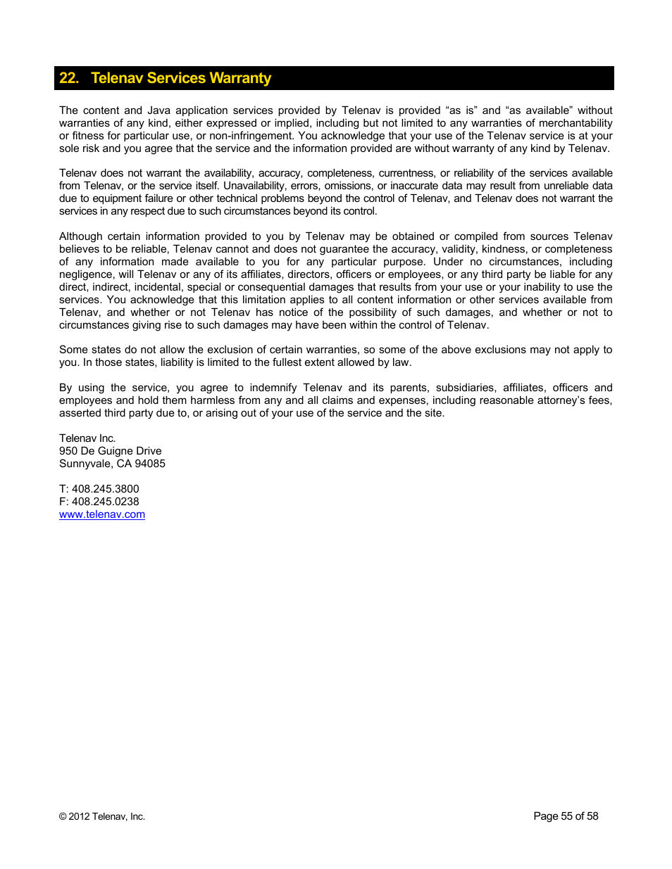 Telenav services warranty | Telenav for Boost Mobile Supported Devices: v6.2 for BlackBerry User Manual | Page 55 / 58