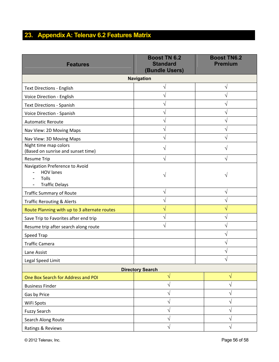 Appendix a: telenav 6.2 features matrix | Telenav for Boost Mobile Supported Devices: v6.2 for BlackBerry User Manual | Page 56 / 58
