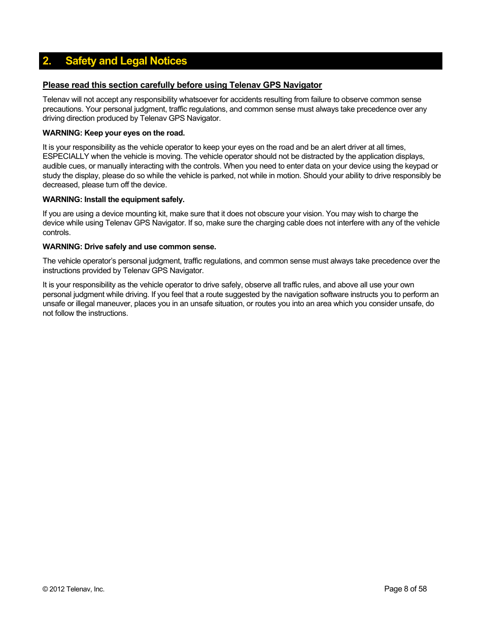 Safety and legal notices | Telenav for Boost Mobile Supported Devices: v6.2 for BlackBerry User Manual | Page 8 / 58
