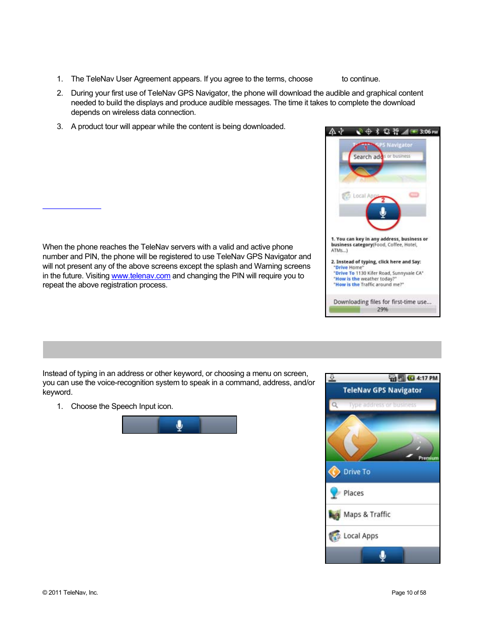 Registration, Speech input | Telenav for Boost Mobile Supported Devices: v6.2 for Android User Manual | Page 10 / 58