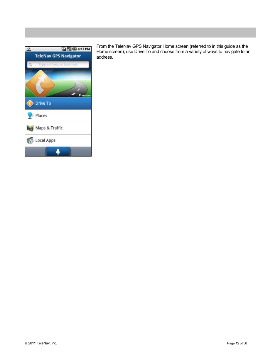 Drive to menu | Telenav for Boost Mobile Supported Devices: v6.2 for Android User Manual | Page 12 / 58