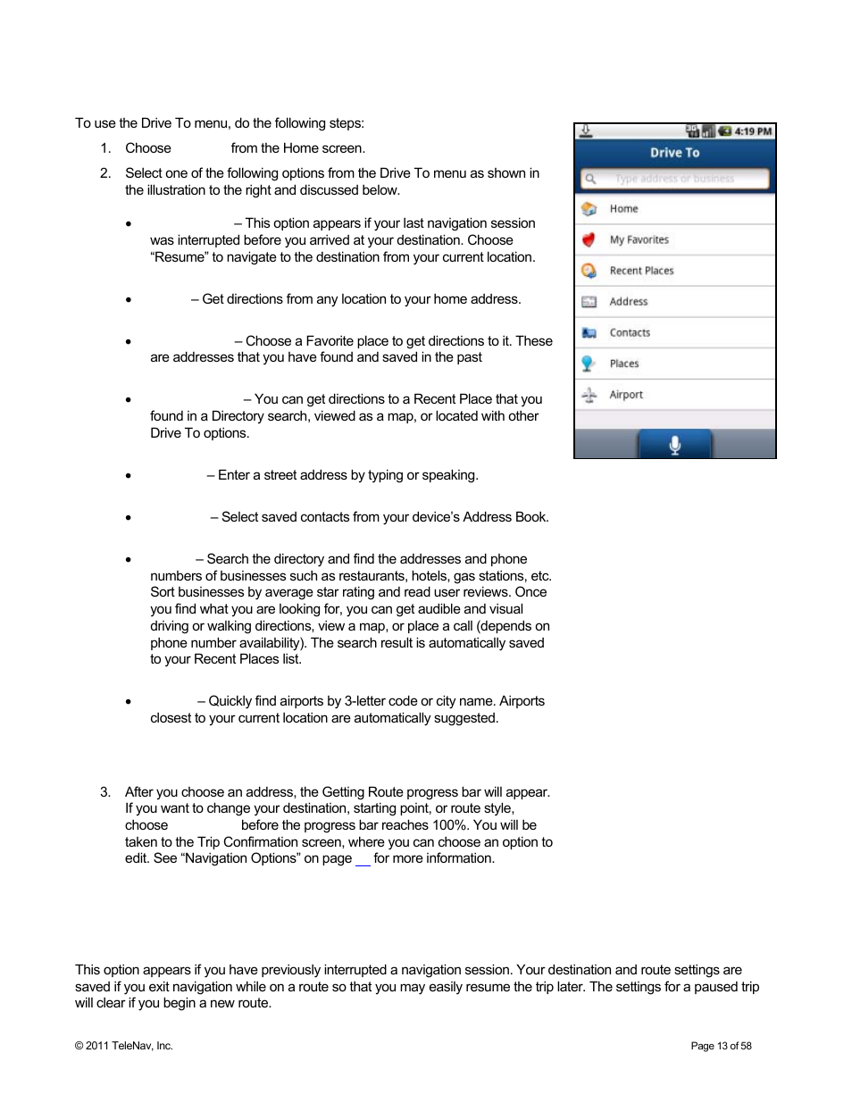 Getting driving directions, Resume trip | Telenav for Boost Mobile Supported Devices: v6.2 for Android User Manual | Page 13 / 58