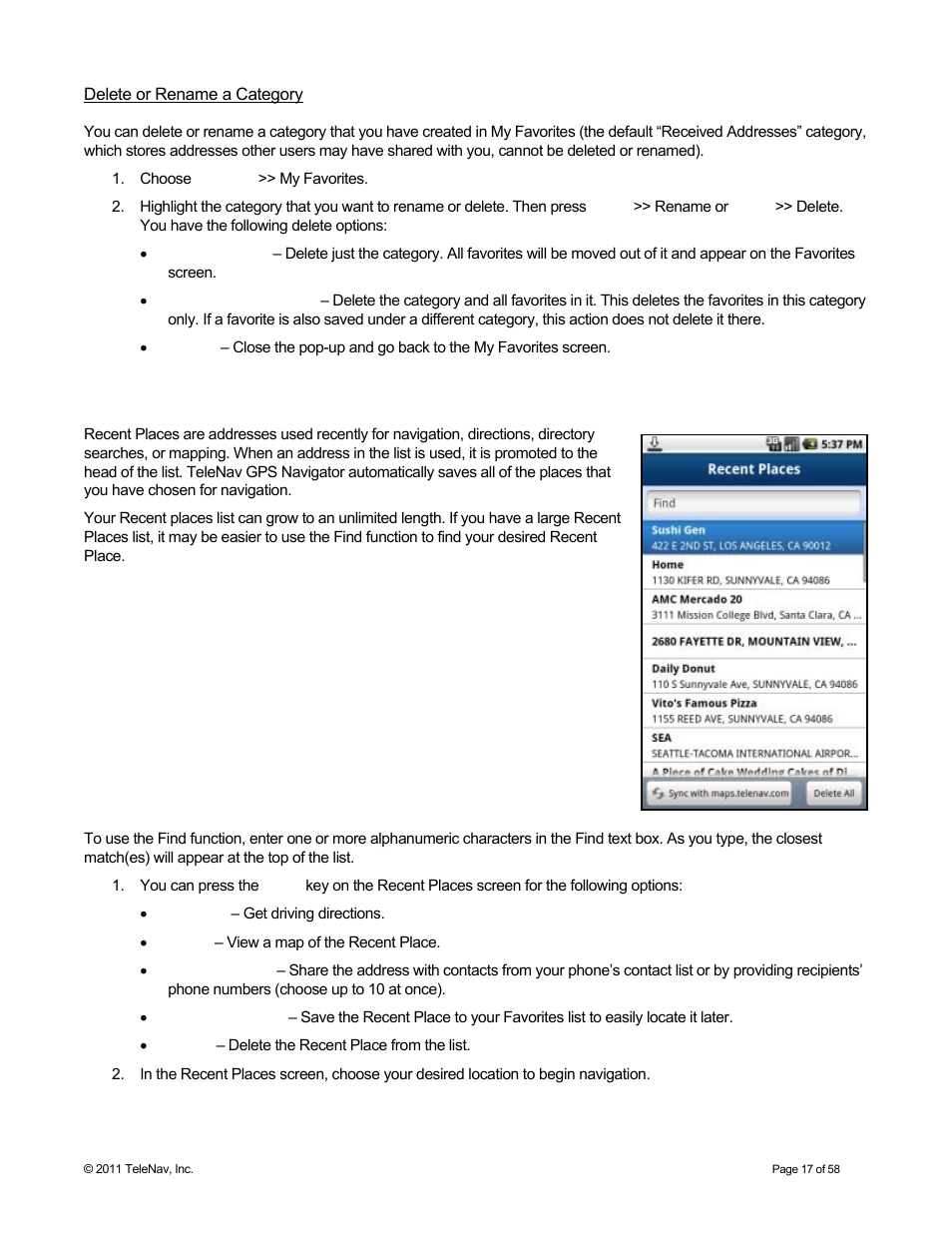 Delete or rename a category, Recent places | Telenav for Boost Mobile Supported Devices: v6.2 for Android User Manual | Page 17 / 58