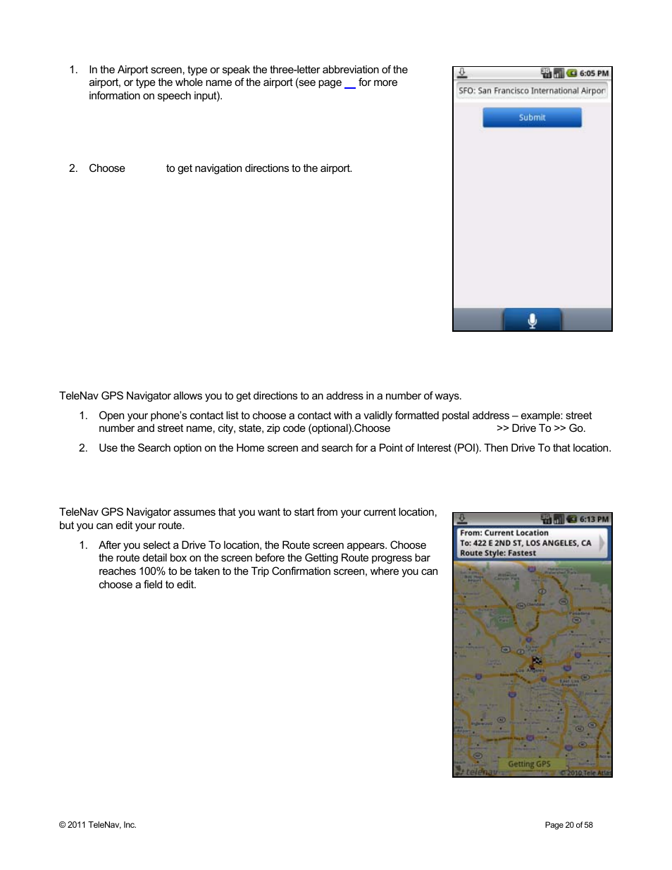 Other ways to get directions, Route screen | Telenav for Boost Mobile Supported Devices: v6.2 for Android User Manual | Page 20 / 58